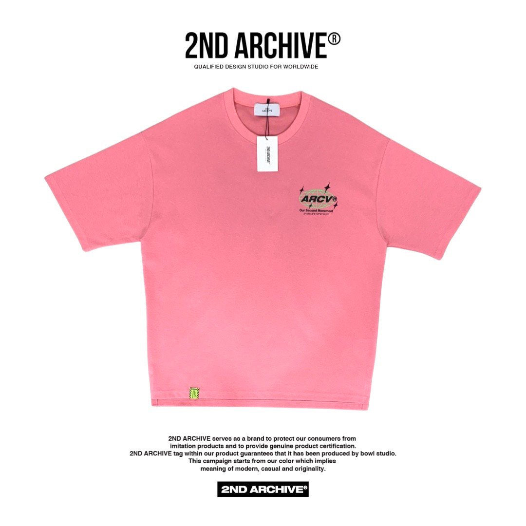 front facing pink graphic t-shirt with logo.