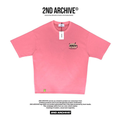 front facing pink graphic t-shirt with logo.