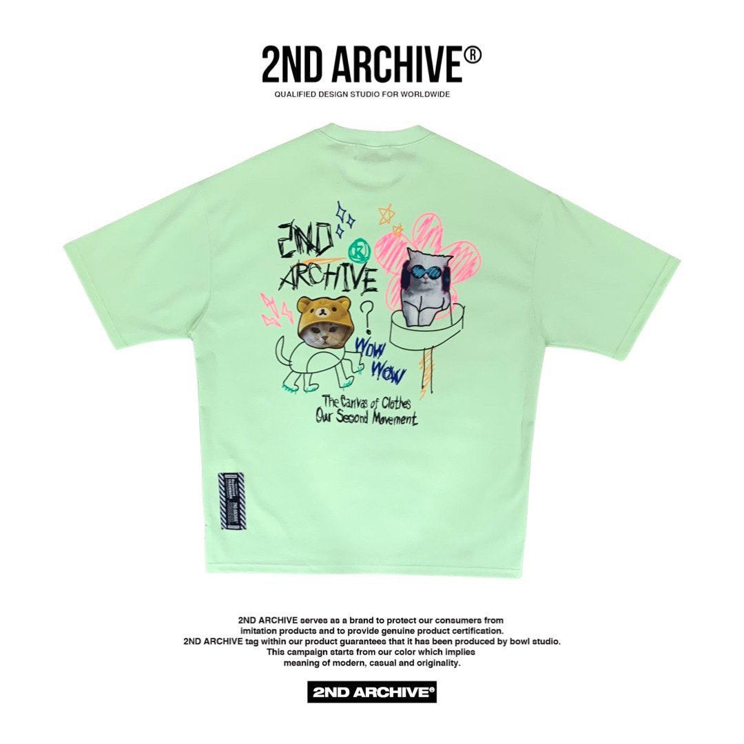 Stylish 2nd Archive tee with cat and doodle graphics.