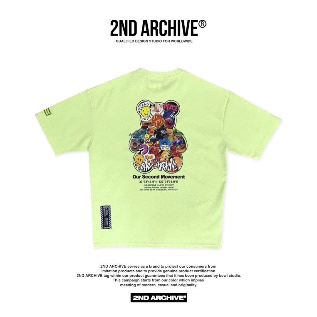 Yellow back facing graphic t shirt with cool teddy bear collage graphic. 