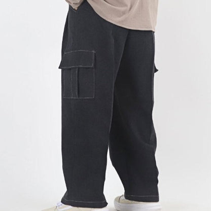 Black denim cargo pants, oversized Korean streetwear.