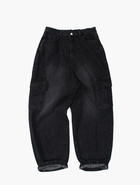 Black denim cargo pants, Korean style.