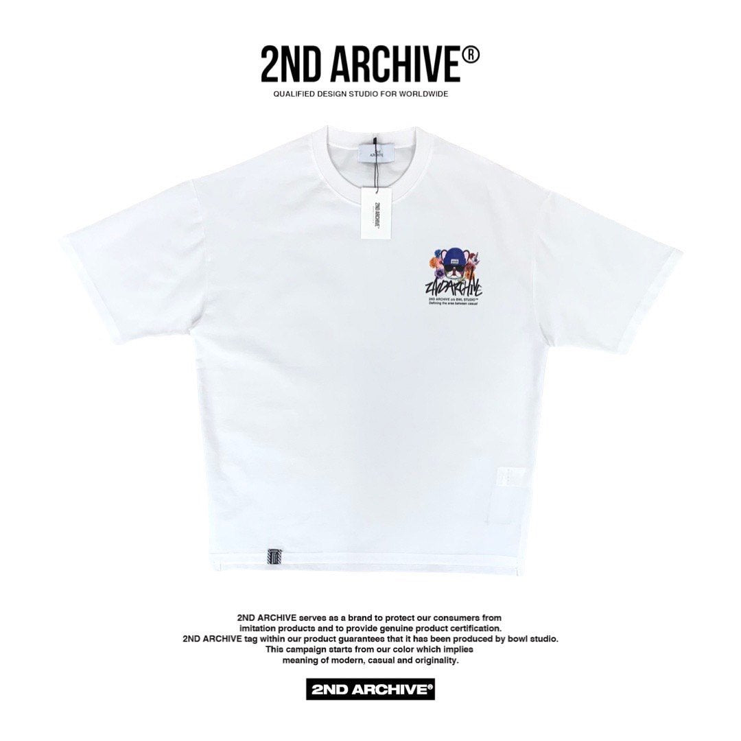 Front facing unisex t shirt with small graphic on the check and 2nd Archive logo. 