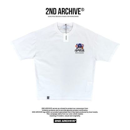 Front facing unisex t shirt with small graphic on the check and 2nd Archive logo. 