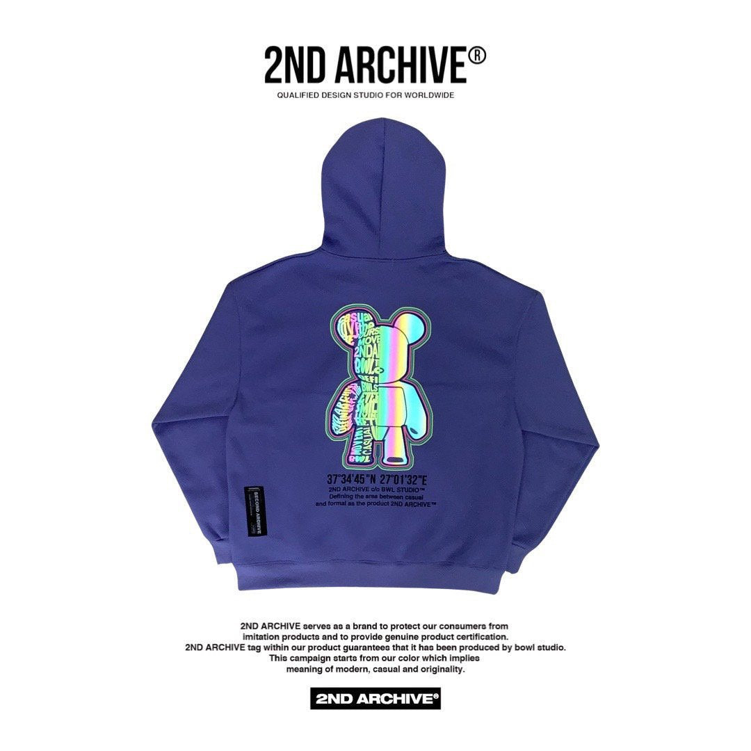 Back facing warm hoodie sweater made in Korean with reflective bear graphic. 