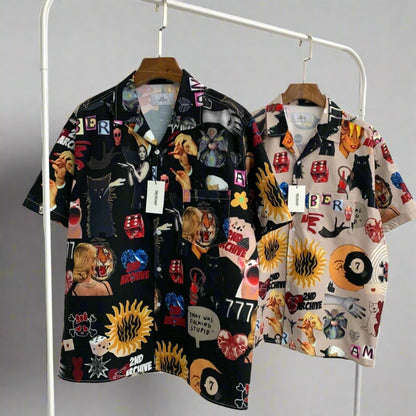 Two best selling Korean street fashion stylish shirts hanging on a rack. 