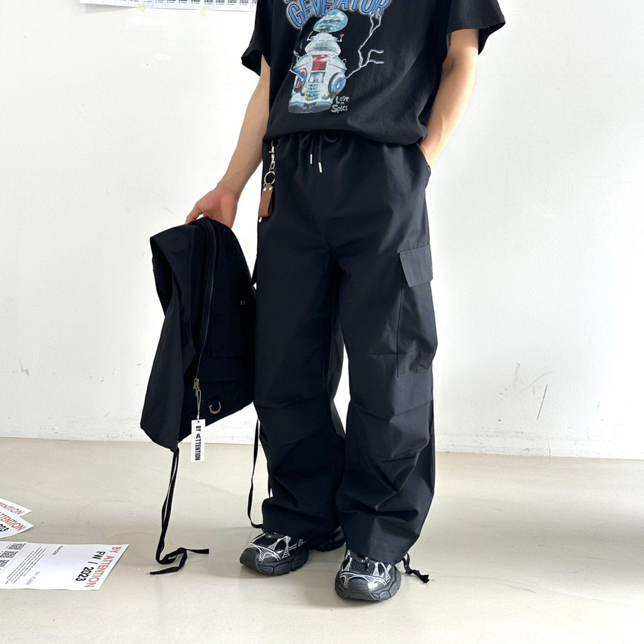 Black oversized cargo pants, Korean.