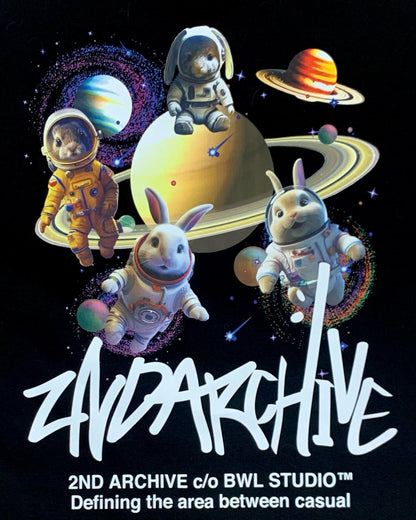 Cool space bunny graphic with cute rabbits dressed as astronauts in outer space. 