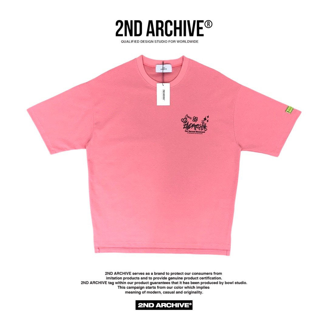 Front facing pink graphic street fashion t shirt with small logo in the chest. 