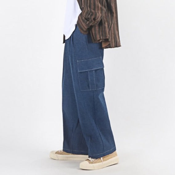 Blue denim cargo pants, Korean oversized street trend.