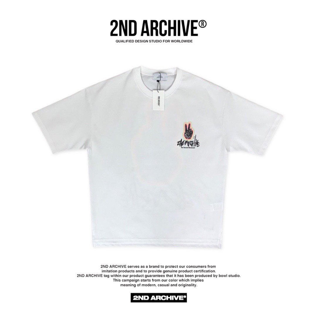 Front facing white t shirt with Korean street fashion brand 2nd Archive logo on the chest. 