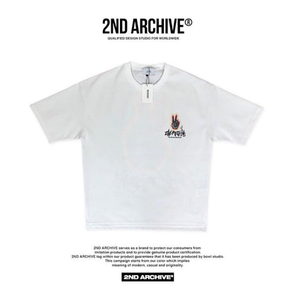 Front facing white t shirt with Korean street fashion brand 2nd Archive logo on the chest. 