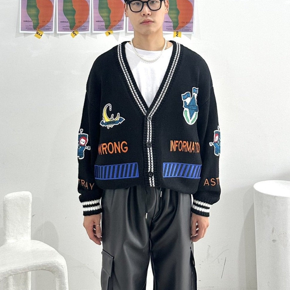 Korean design: black cardigan with street patches.