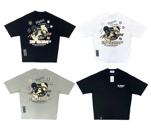 Black, white and khaki graphic t-shirts with camouflage panda bear graphic.  