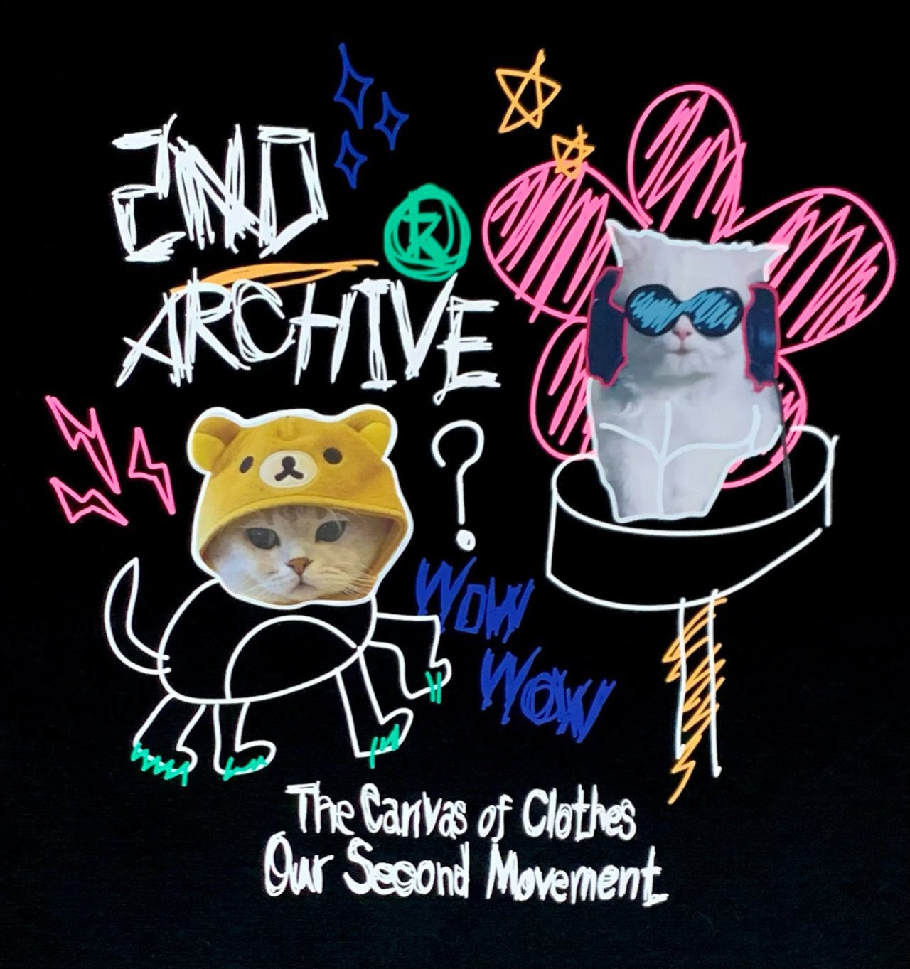 Edgy 2nd Archive T-shirt with cat and doodle design.