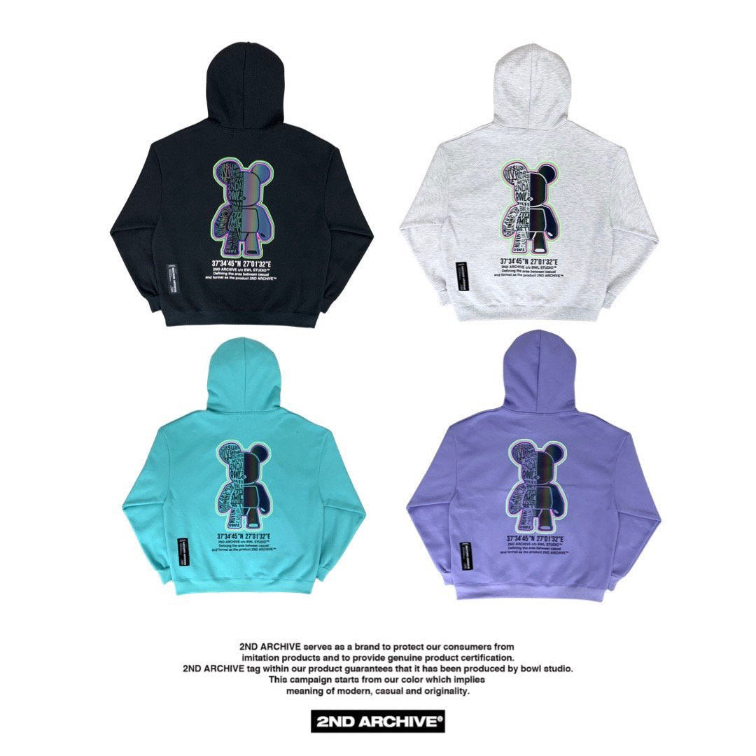 Black, white, mint and purple graphic hoodie sweaters from 2nd Archive Korean fashion brand.